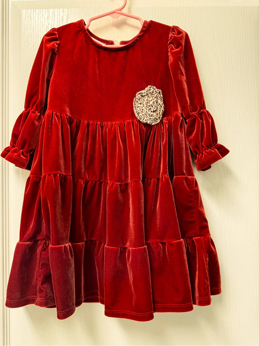 Bonnie Jean Red Velvet Tiered Dress with Leopard Flower